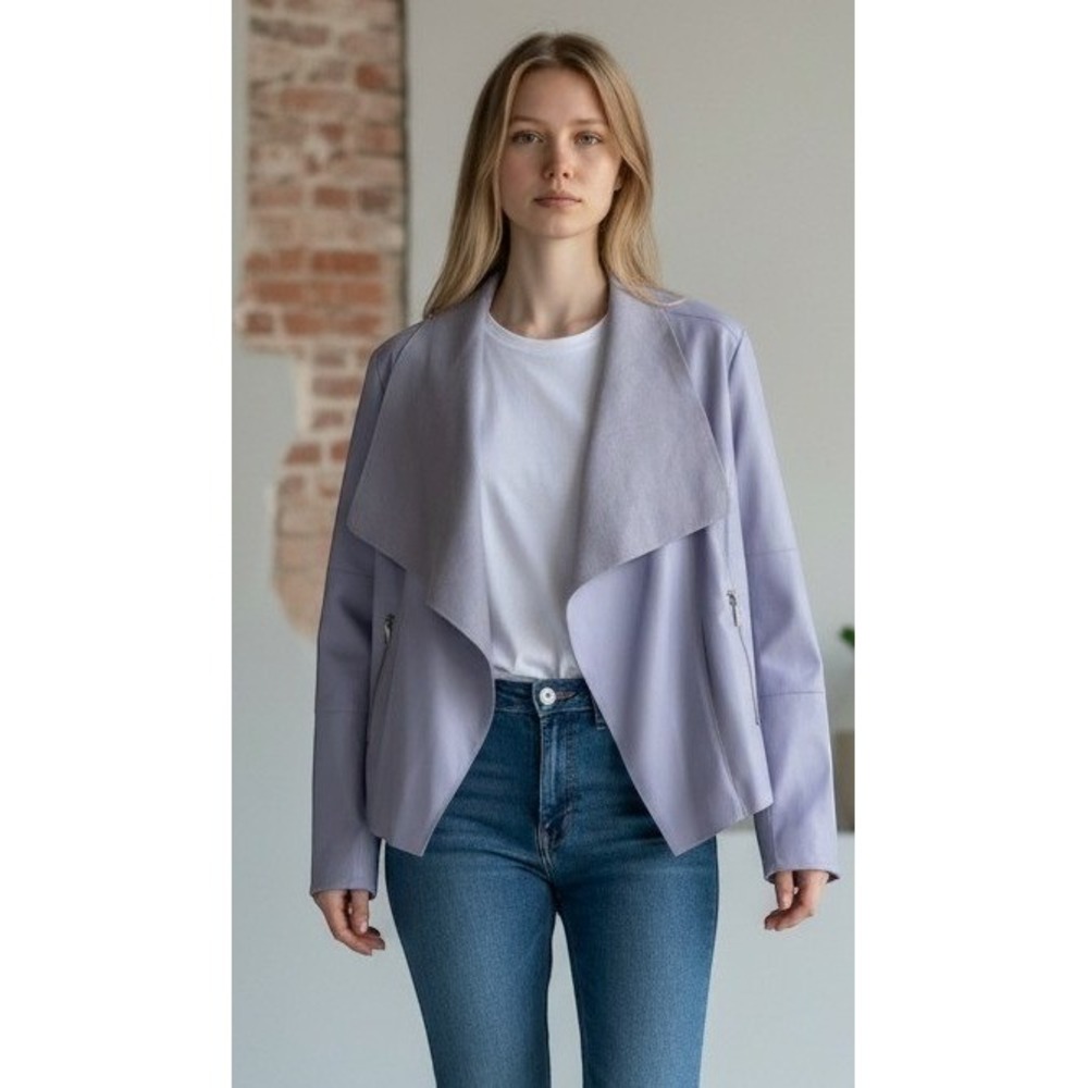 Bagatelle Jacket Large Purple Lavender Faux Leather Pockets Draped Open Front